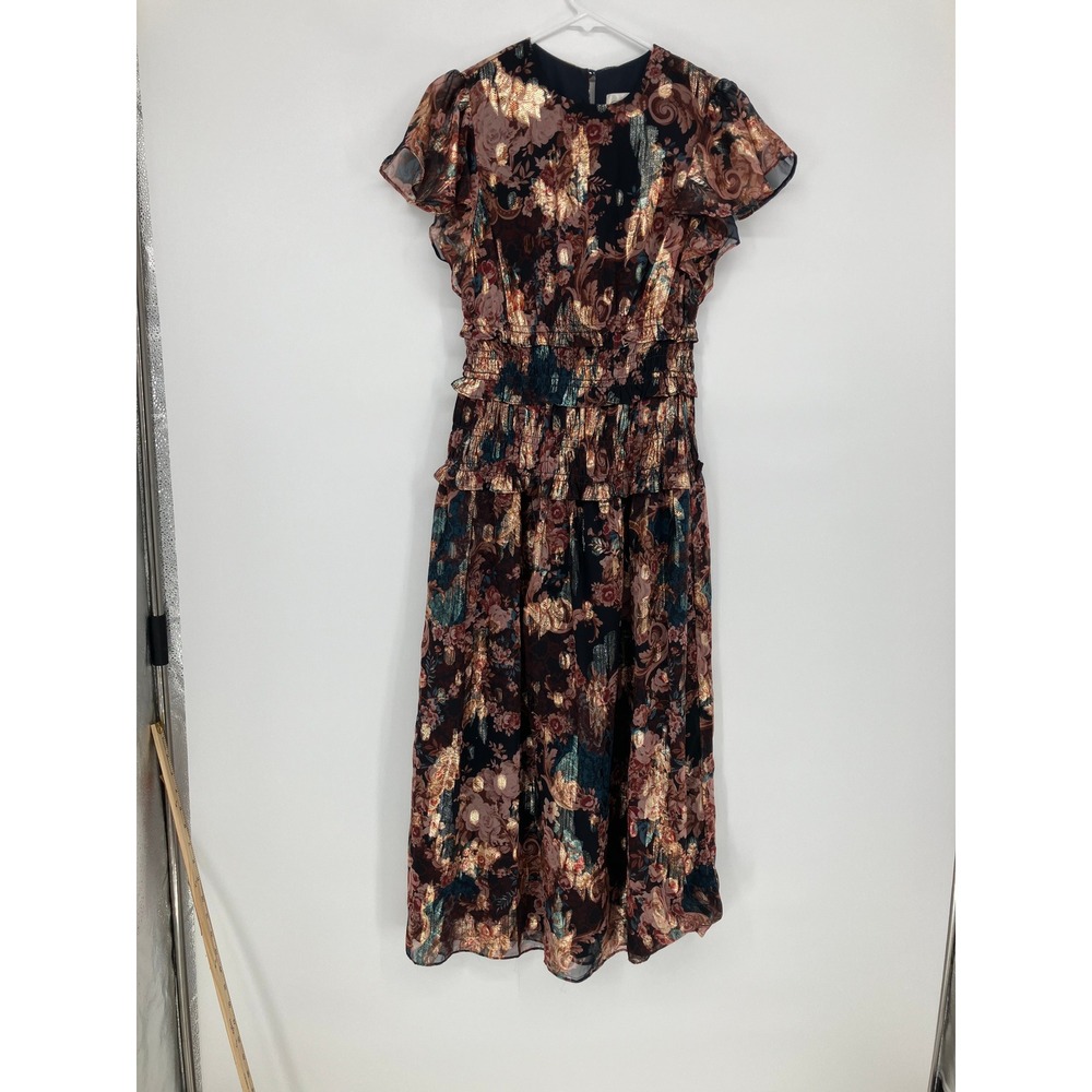 Eliza J Floral Metallic Flutter Sleeve Smocked Tiered Midi Dress Size 4